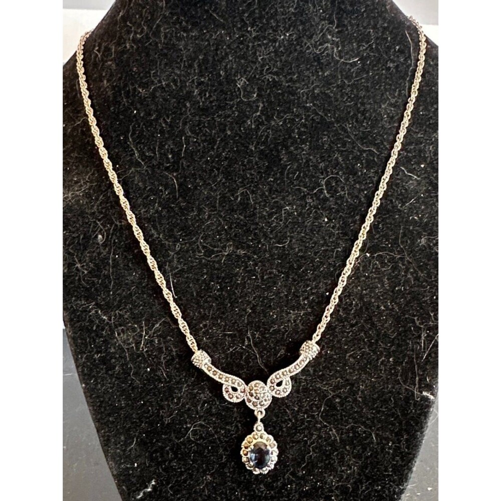 Silvertone Faux Sapphire Rhinestone Evening Necklace Prom Party Jewelry